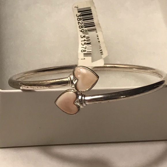 925 Sterling Silver Double Heart Bangle Bracelet - Picture 2 of 5